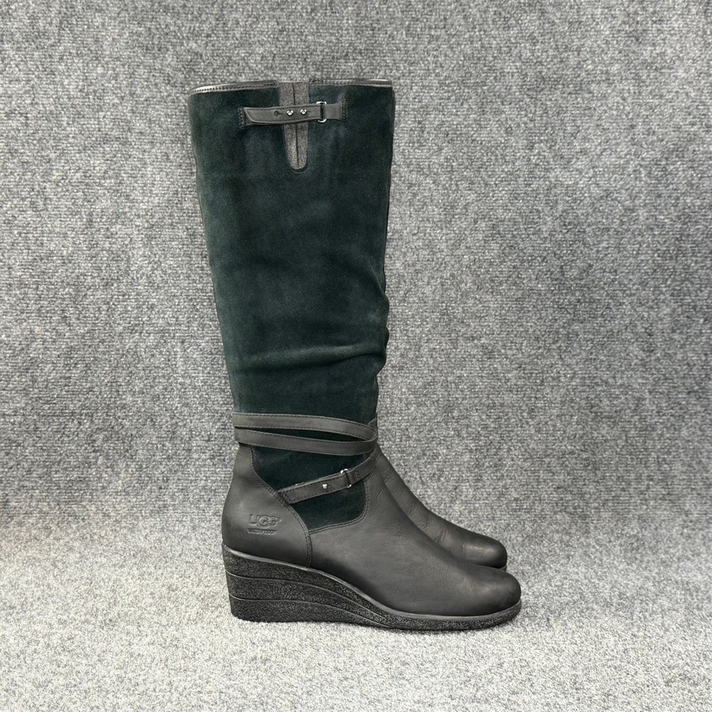 UGG Lesley Wedge Knee High Boots Women's 9 Black Suede Leather Tall Strap Buckle